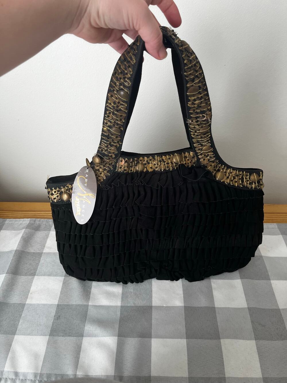Mary Frances Ruched Black Metallic Gold Beaded Embellishment Shoulder Bag NEW